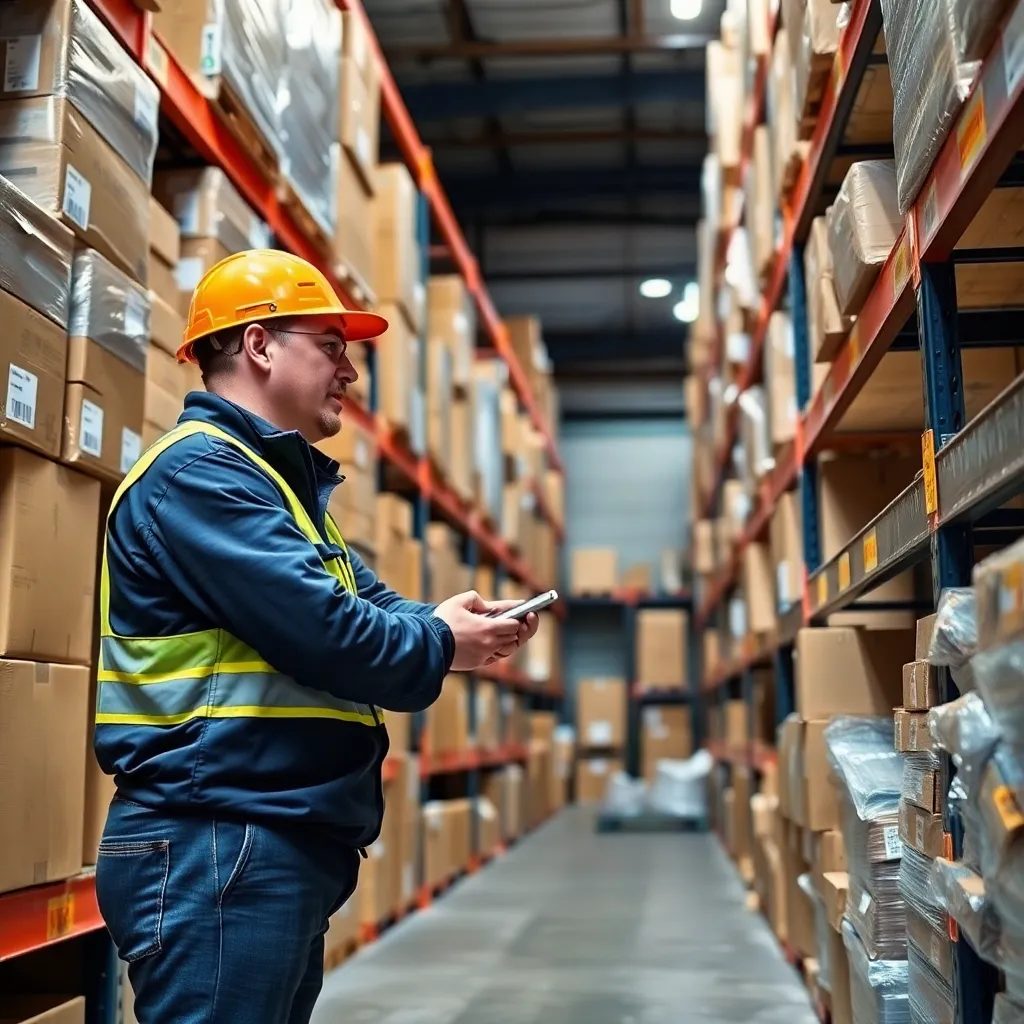 Warehouse worker checking inventory on shelves with boxes and packages stacked on industrial shelving
